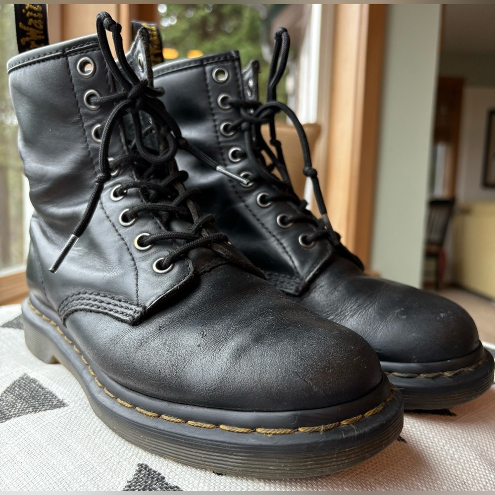 Dr. Martens Black Leather Lace-Up Combat Booties with Yellow Stitching